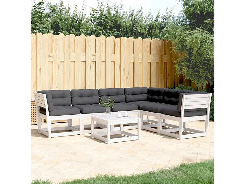 Salon de jardin 6 pcs avec coussins blanc bois massif de pin