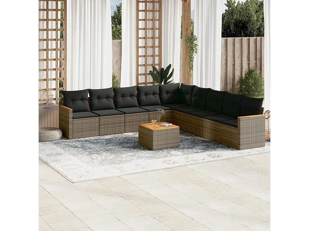 10-delige Loungeset met kussens poly rattan grijs
