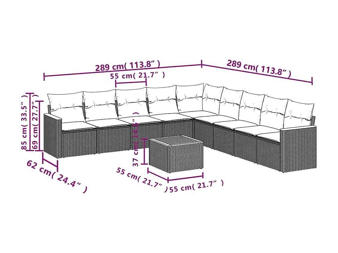 10-delige Loungeset met kussens poly rattan grijs