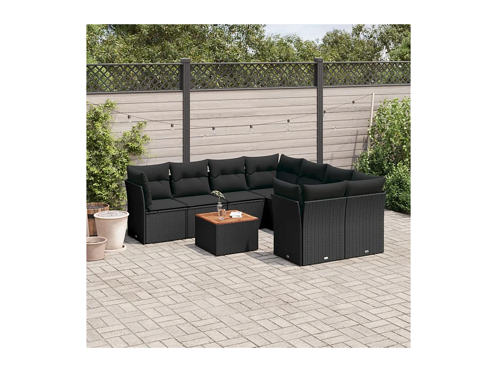 9-tlg. Garten-Sofagarnitur mit Kissen Schwarz Poly Rattan