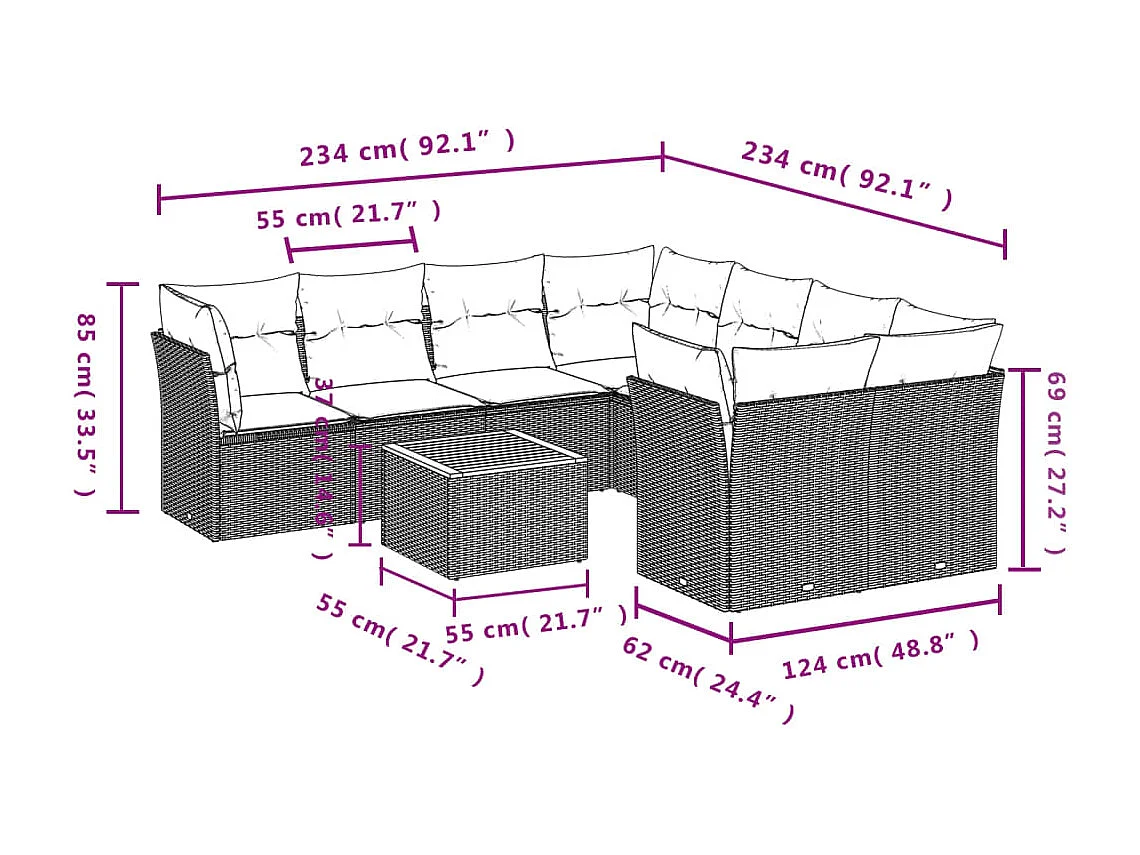 9-tlg. Garten-Sofagarnitur mit Kissen Schwarz Poly Rattan