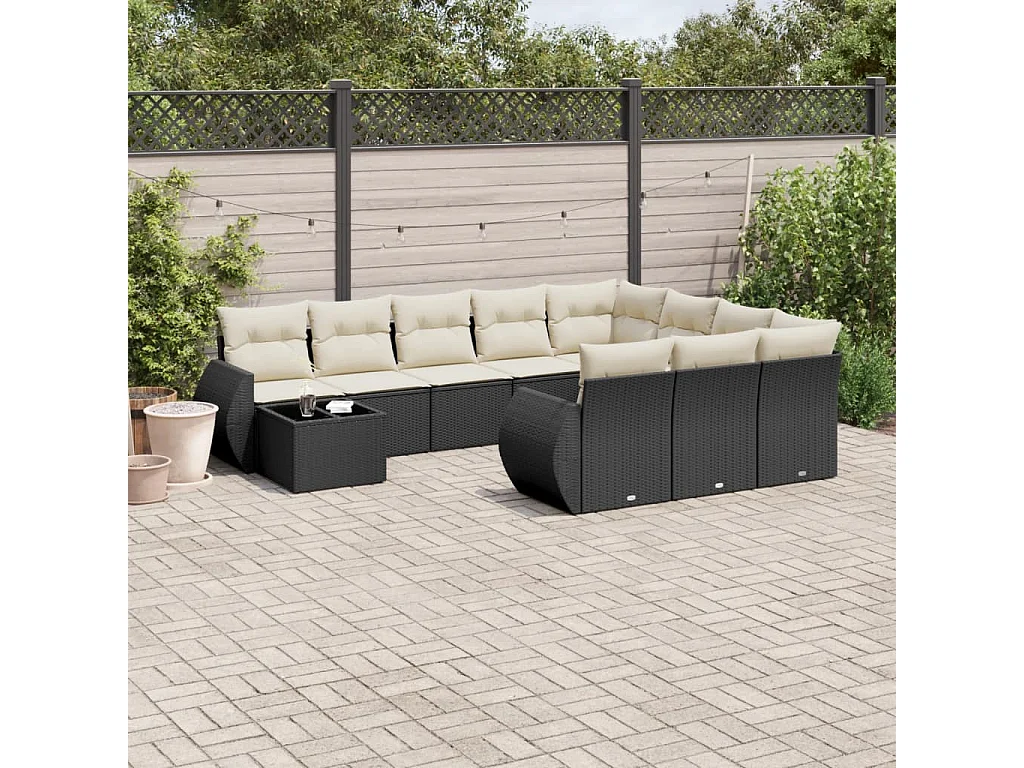 11-tlg. Garten-Sofagarnitur mit Kissen Schwarz Poly Rattan