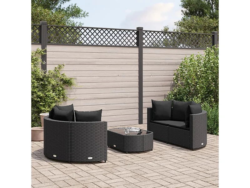 Salon de jardin 5 pcs avec coussins noir résine tressée