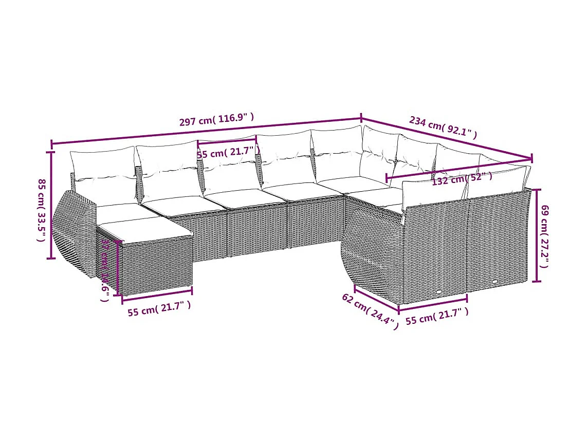 10-delige Loungeset met kussens poly rattan zwart