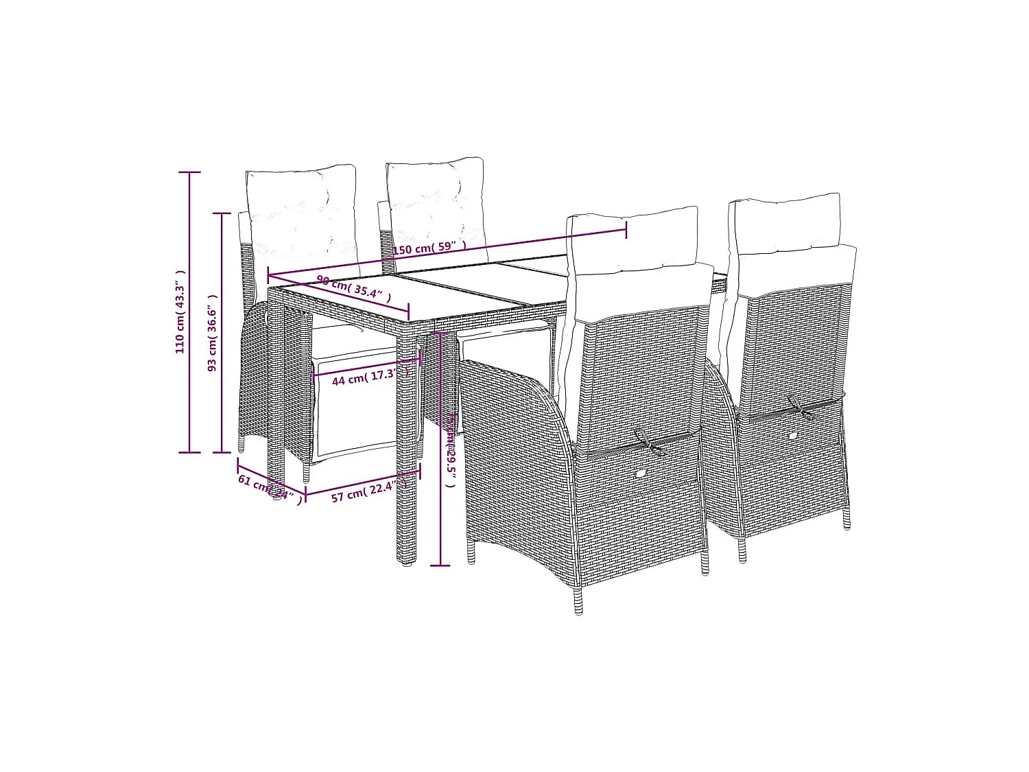 Ensemble à manger de jardin coussins 5pcs Noir Résine tressée