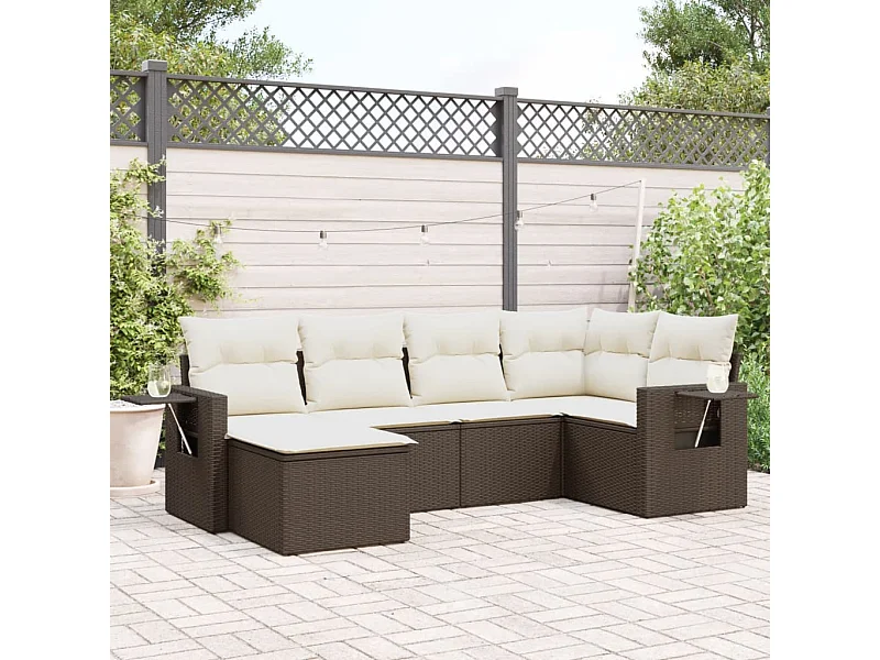 Set Divano da Giardino 6 pz con Cuscini Marrone in Polyrattan