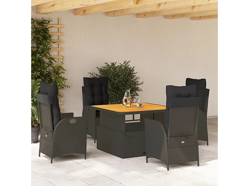 Set da Pranzo da Giardino 5 pz Nero con Cuscini in Polyrattan