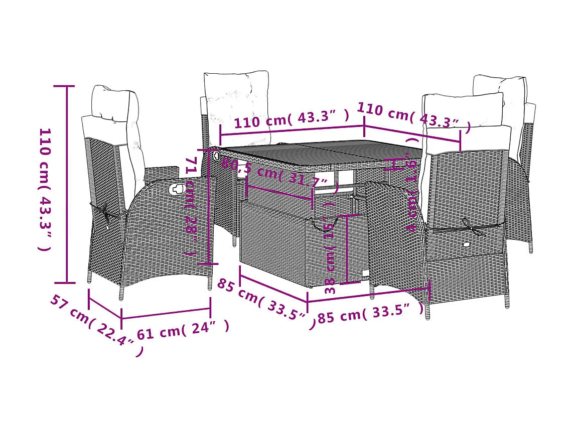 Set da Pranzo da Giardino 5 pz Nero con Cuscini in Polyrattan