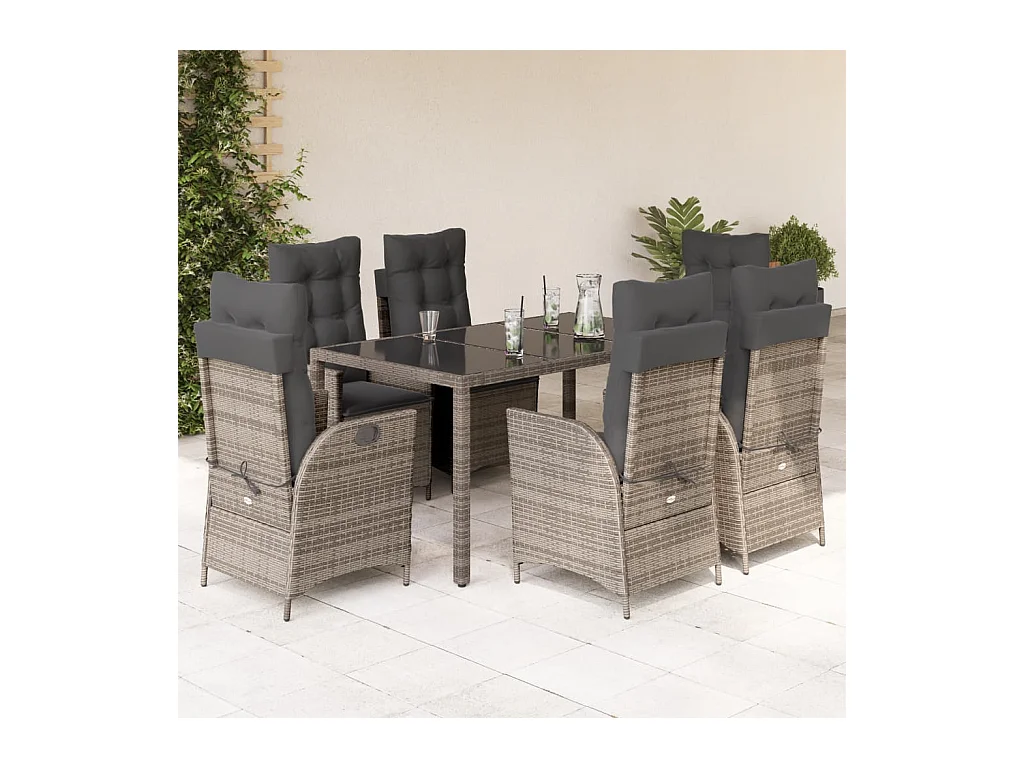 Ensemble à manger de jardin et coussins 7 pcs gris rotin