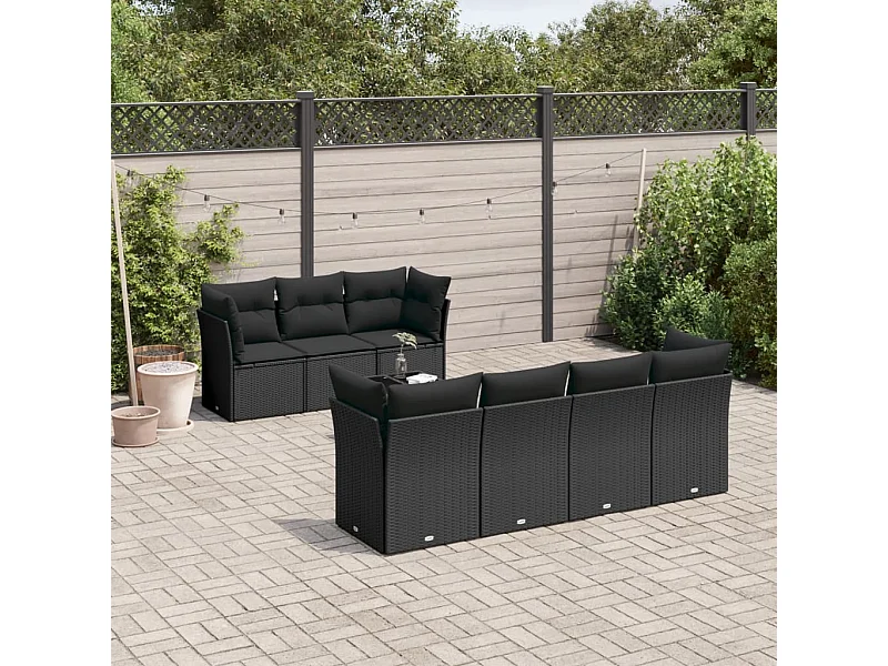 8-delige Loungeset met kussens poly rattan zwart