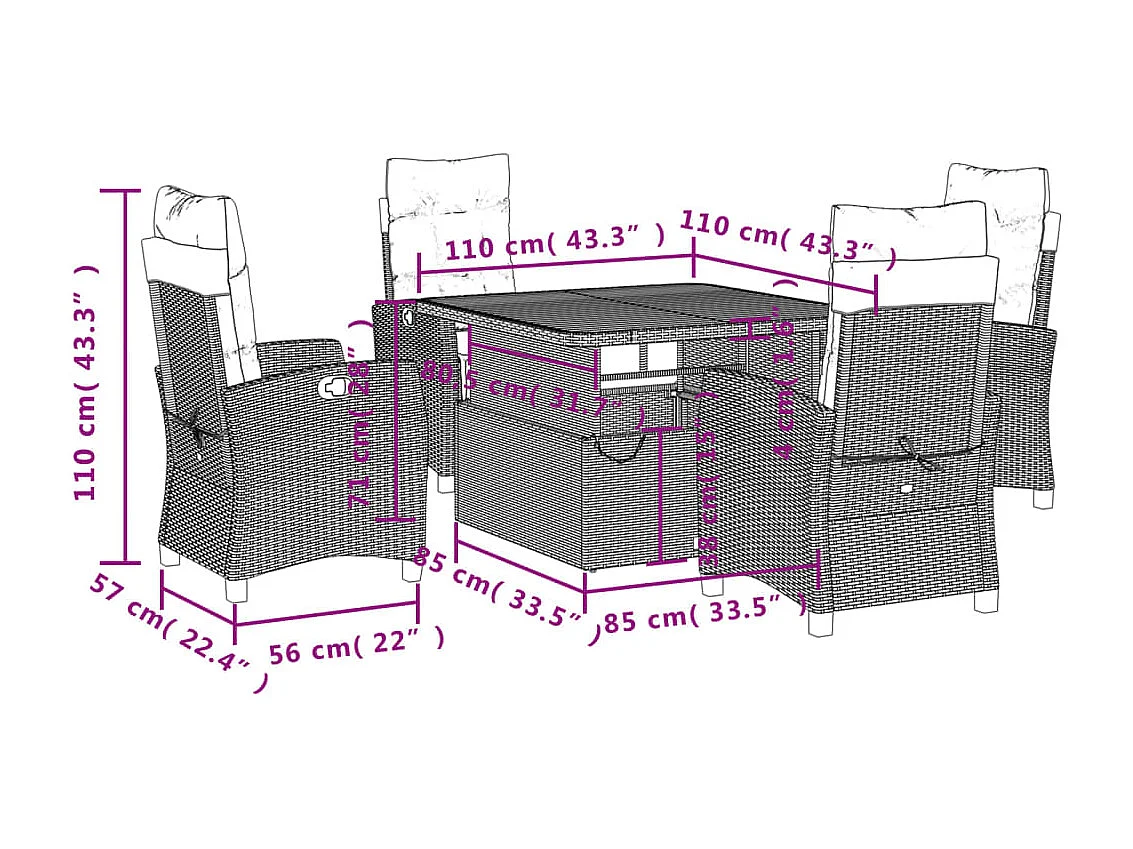 Set comedor de jardín 5 piezas con cojines ratán sintético gris