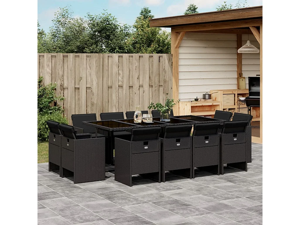 13 pcs conjunto de jantar p/jardim com almofadões vime PE preto