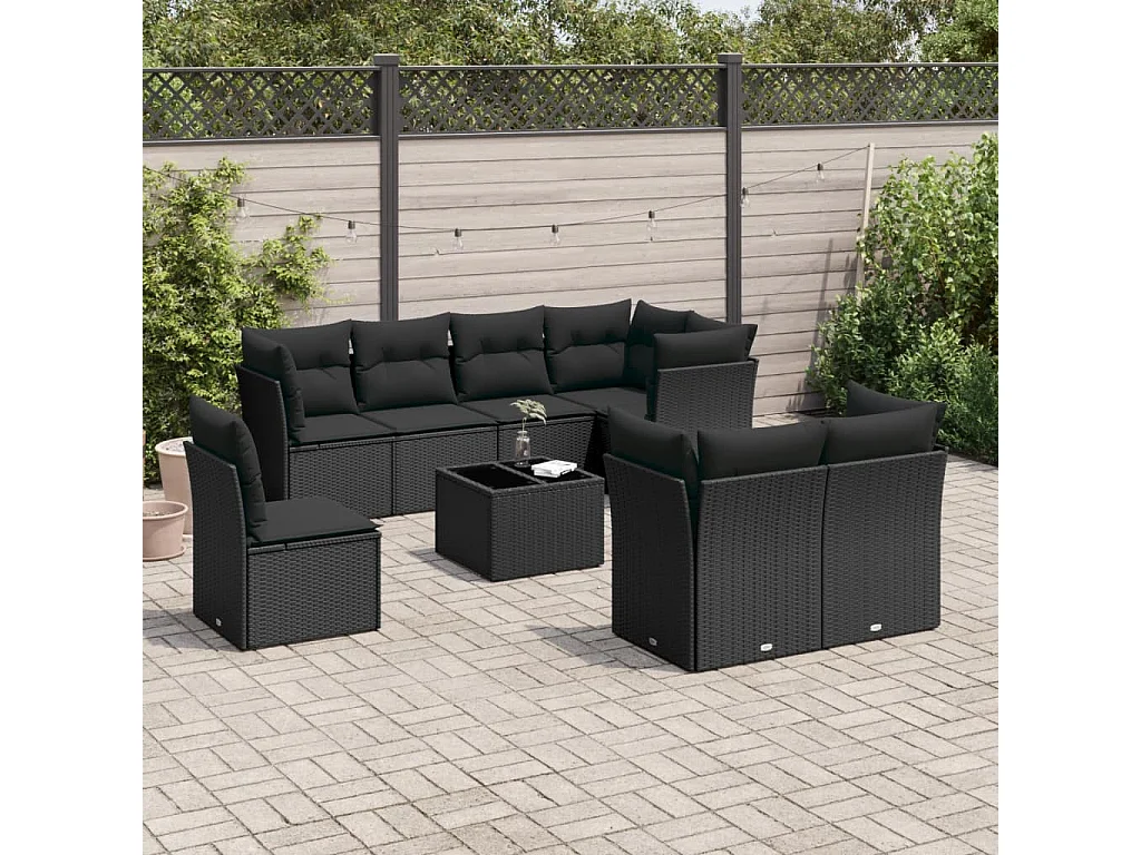Salon de jardin 9 pcs avec coussins noir résine tressée