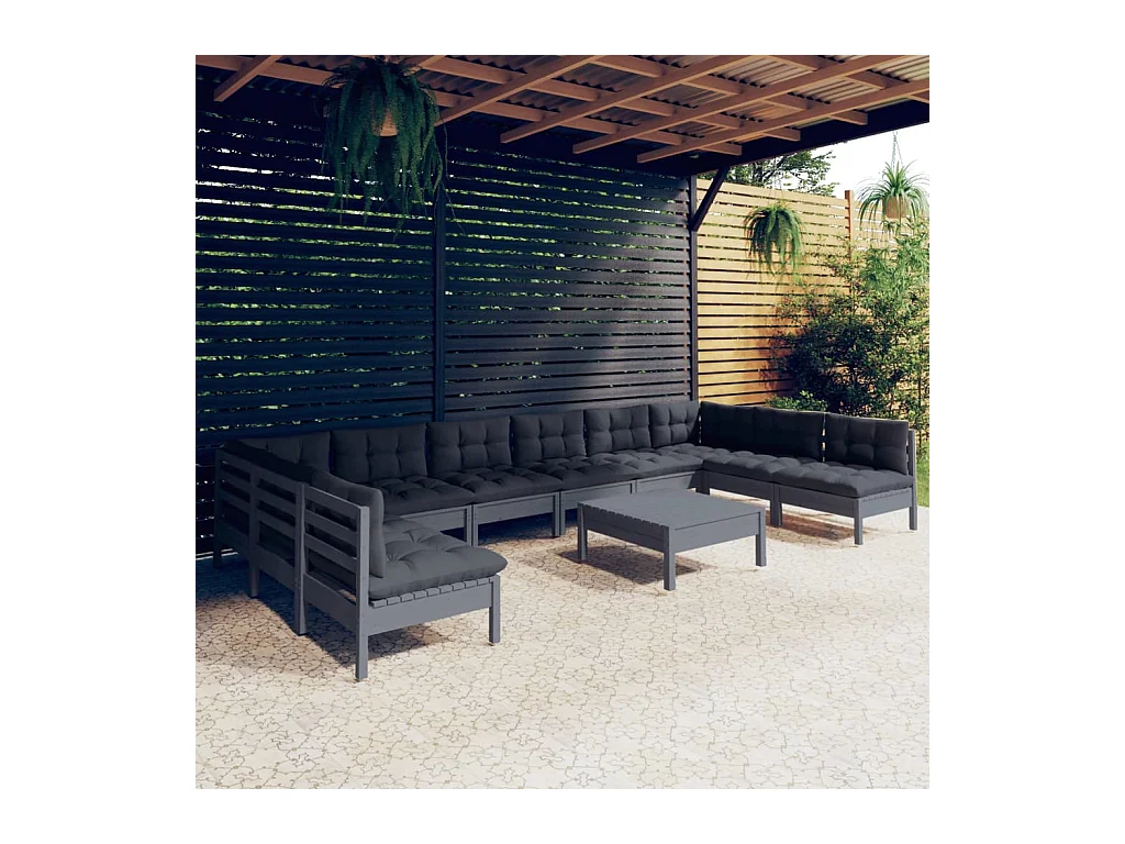 Salon de jardin 11 pcs avec coussins Gris Bois de pin solide