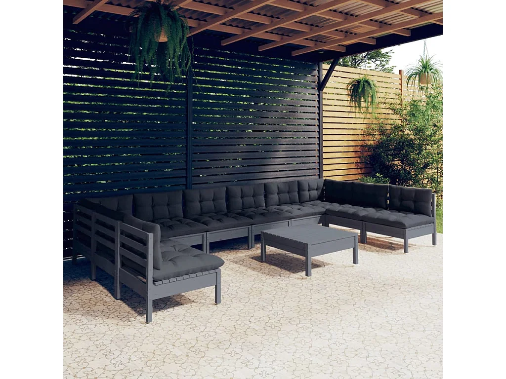 Salon de jardin 11 pcs avec coussins Gris Bois de pin solide