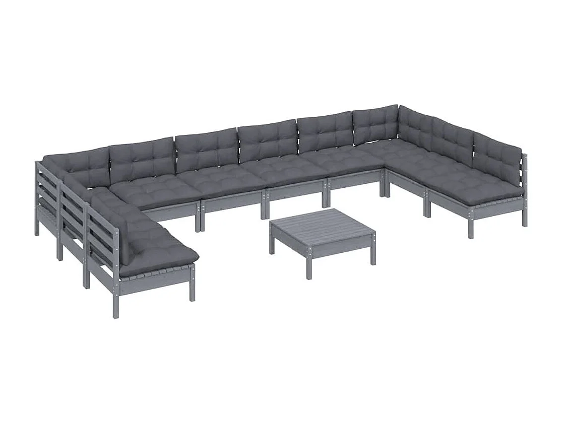 Salon de jardin 11 pcs avec coussins Gris Bois de pin solide