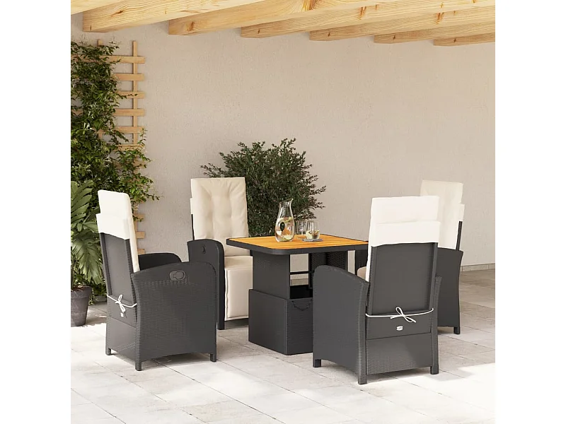 Set da Pranzo da Giardino 5 pz Nero con Cuscini in Polyrattan