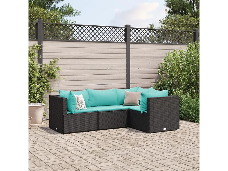 4-delige Loungeset met kussens poly rattan zwart