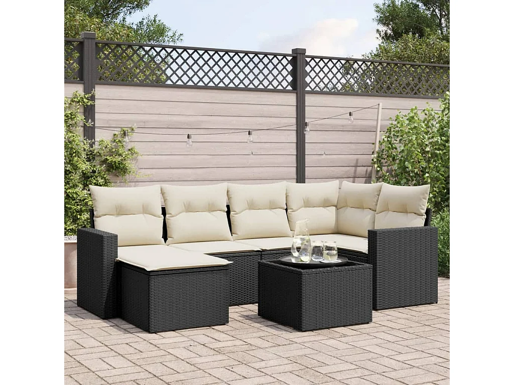 7-delige Loungeset met kussens poly rattan zwart