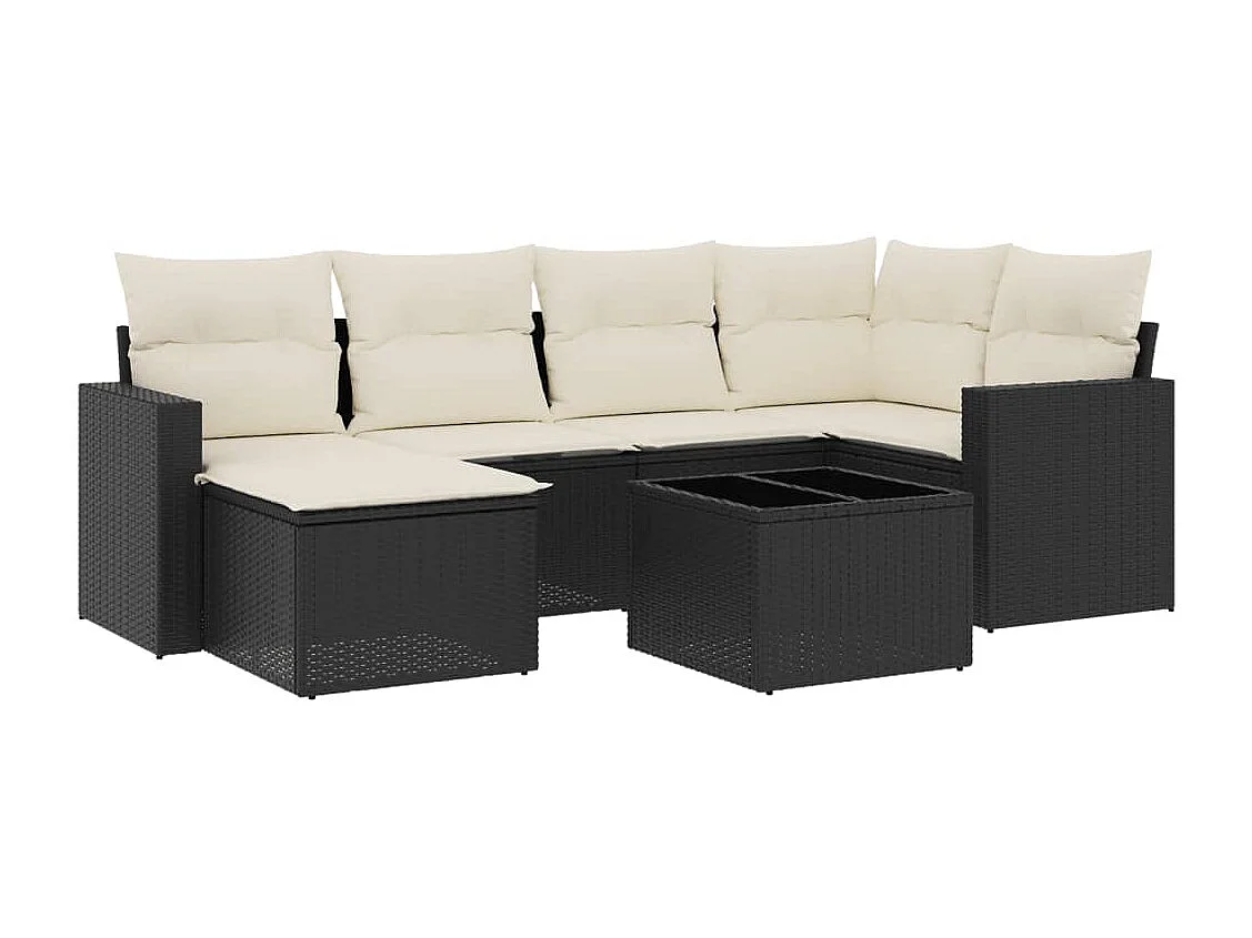 7-delige Loungeset met kussens poly rattan zwart