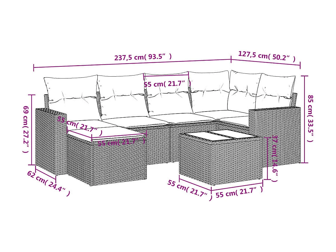 7-delige Loungeset met kussens poly rattan zwart