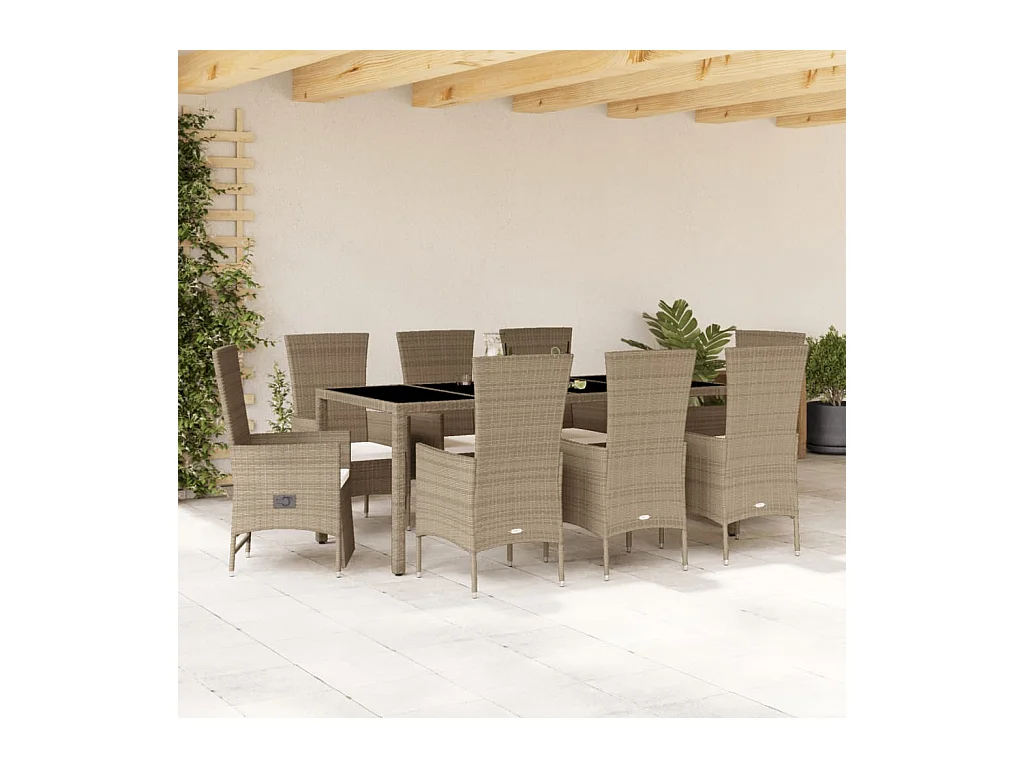 Ensemble à manger de jardin et coussins 9 pcs beige Poly rotin