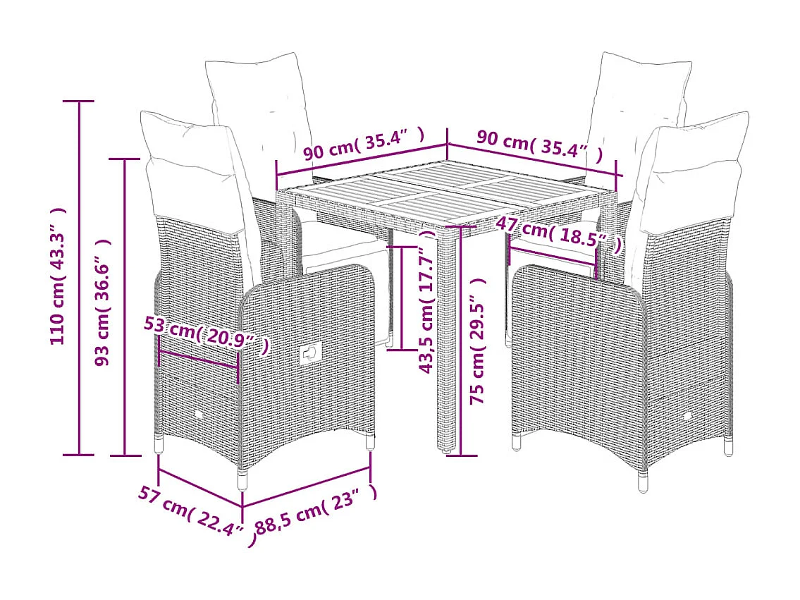Ensemble de bistro de jardin 5 pcs coussins noir poly rotin