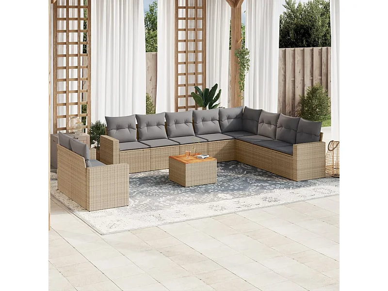 Salon de jardin 11 pcs avec coussins beige résine tressée