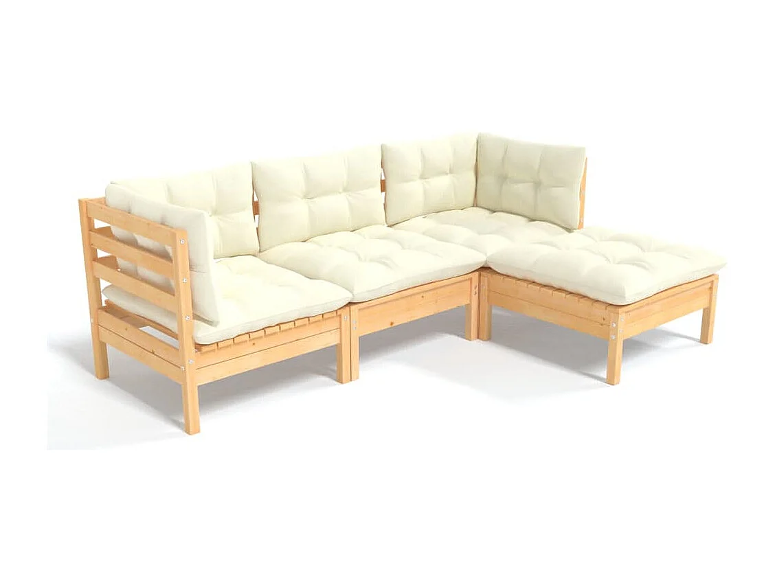 4-delige Loungeset met crèmekleurige kussens grenenhout