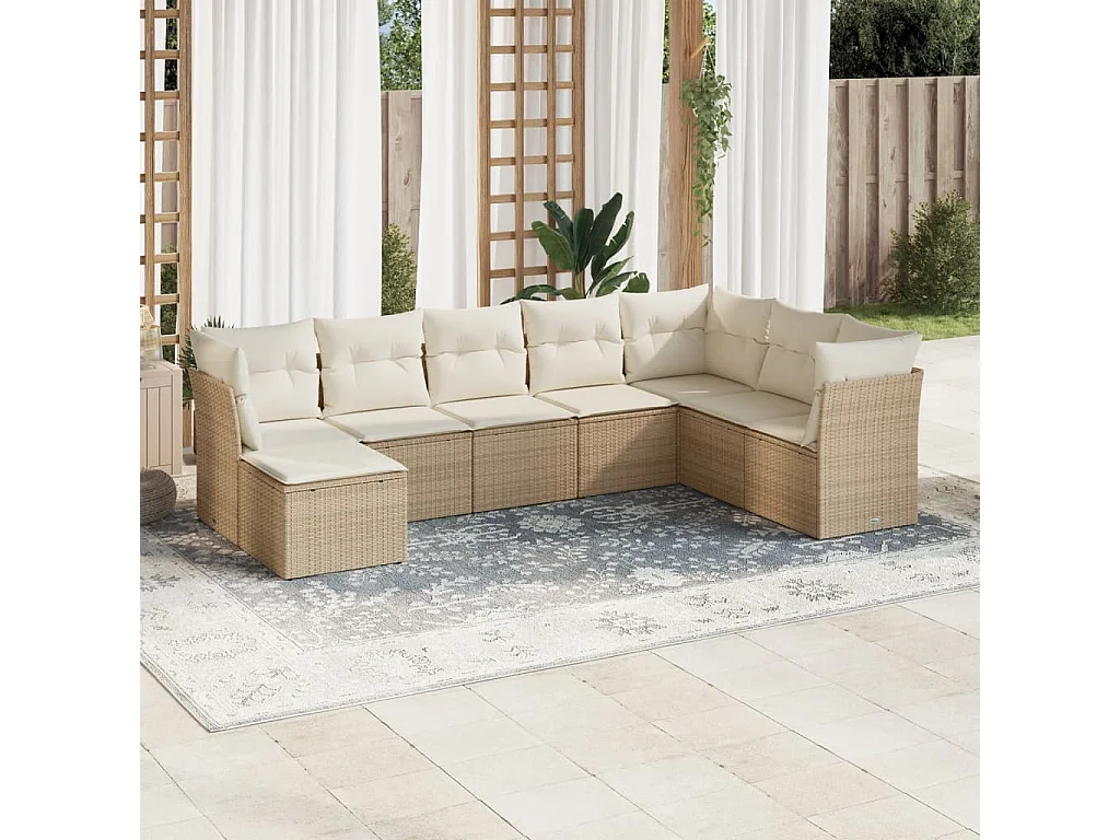 Set Divano da Giardino 8 pz con Cuscini Beige in Polyrattan