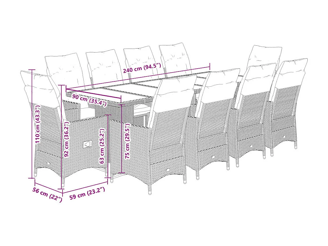 Set da Bistrò da Giardino 11 pz con Cuscini Nero in Polyrattan