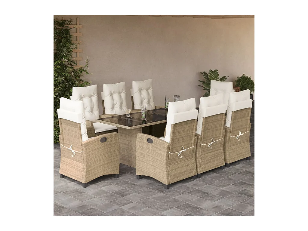 9 pcs conjunto de jantar p/ jardim com almofadões vime PE bege