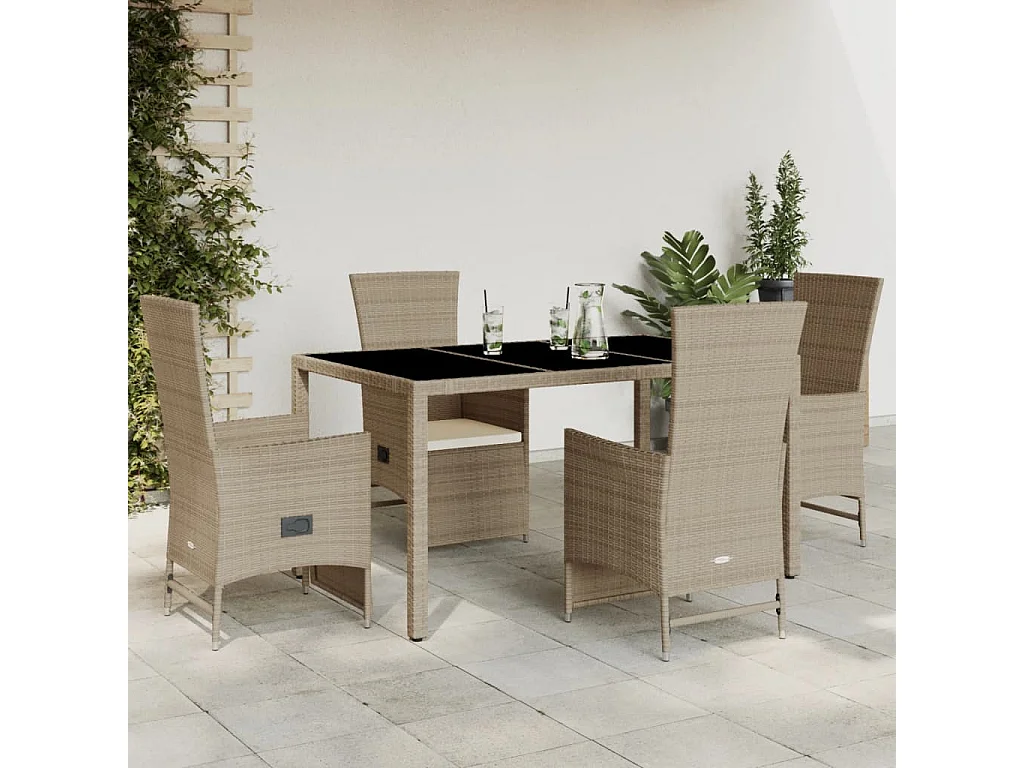 Set da Pranzo da Giardino 5 pz con Cuscini Beige in Polyrattan