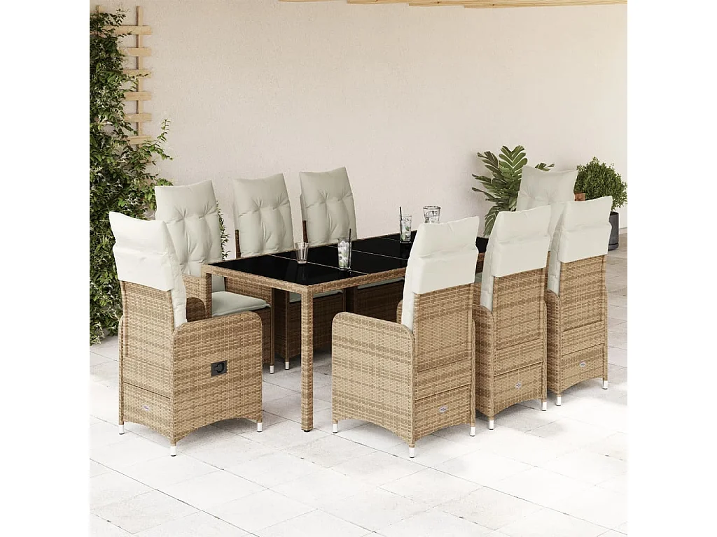Set da Bistrò da Giardino 9 pz con Cuscini Beige in Polyrattan