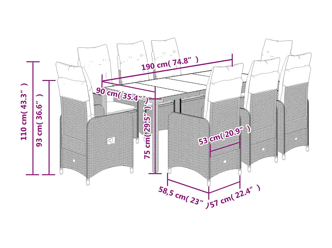 Ensemble de bistro de jardin 9 pcs coussins beige poly rotin