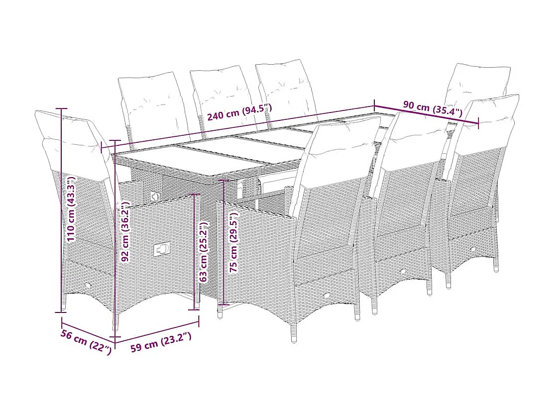 9-tlg. Garten-Bistro-Set mit Kissen Grau Poly Rattan