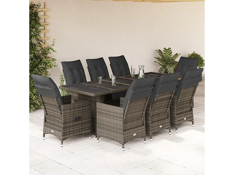 Set Bistrò da Giardino 9 pz con Cuscini in Polyrattan Grigio
