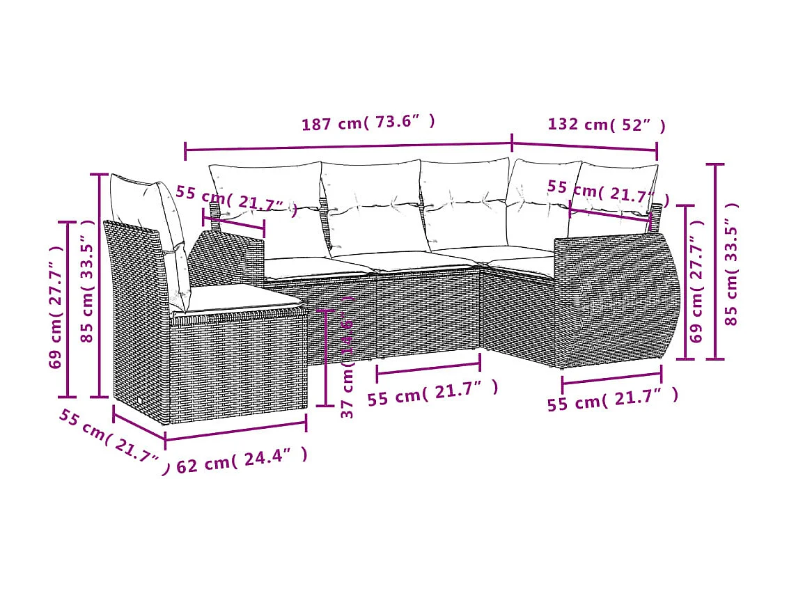 Set Divani da Giardino 5 pz con Cuscini in Polyrattan Nero