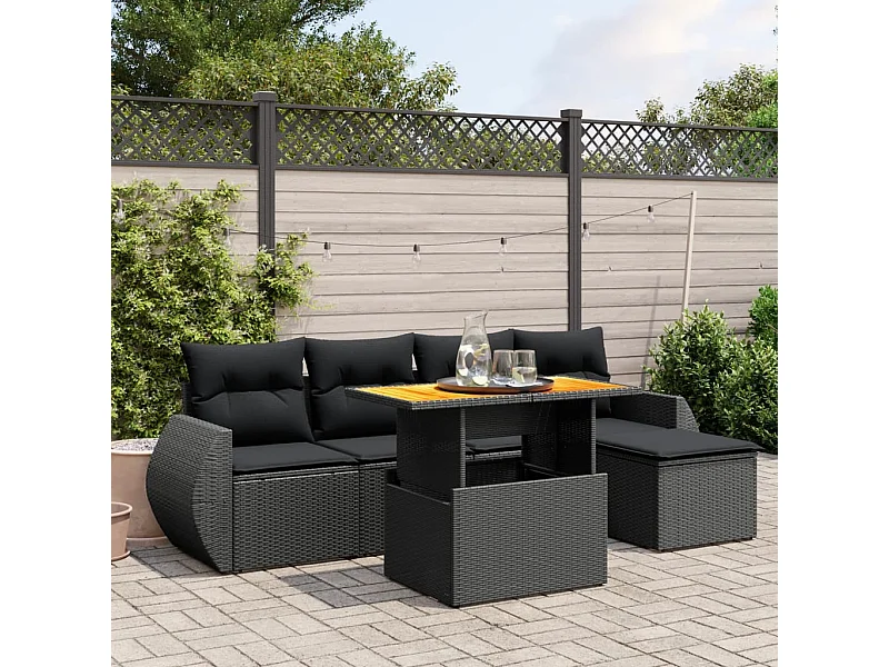 Set Divano da Giardino 6 pz con Cuscini Nero in Polyrattan