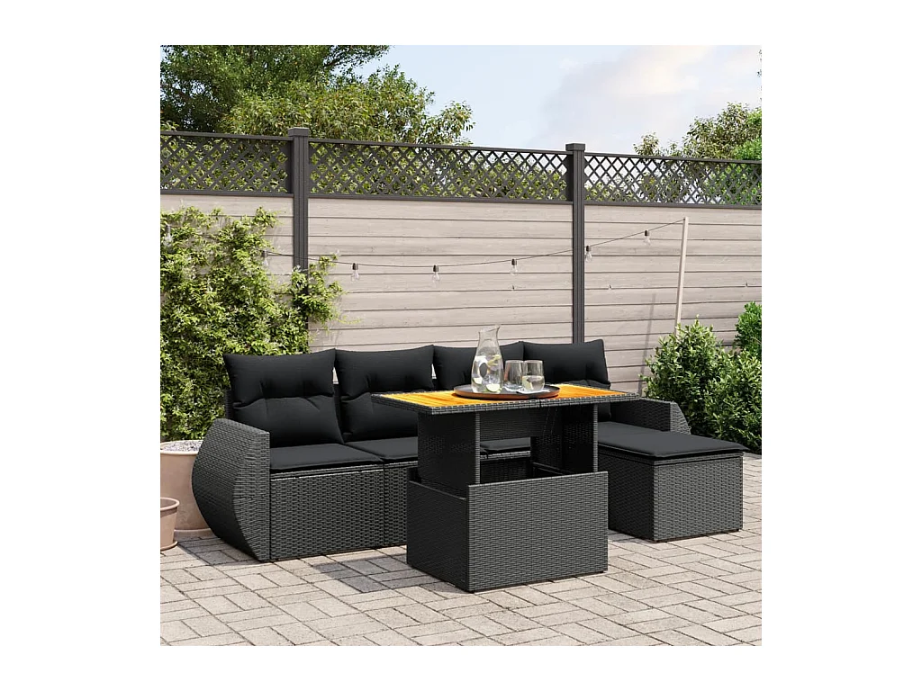 Salon de jardin 6 pcs avec coussins noir résine tressée