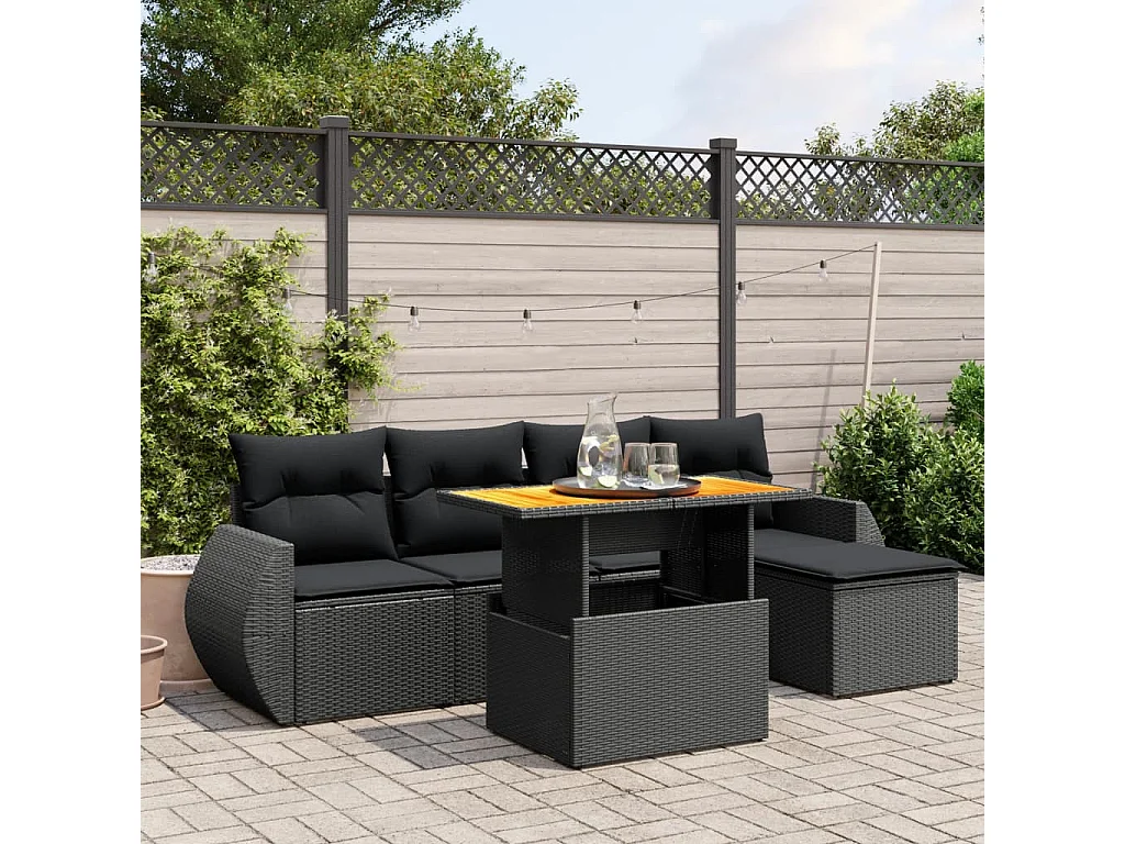 Salon de jardin 6 pcs avec coussins noir résine tressée