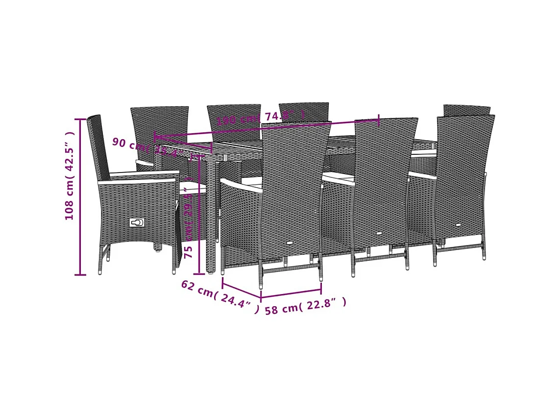 9-tlg. Garten-Essgruppe mit Kissen Schwarz Poly Rattan