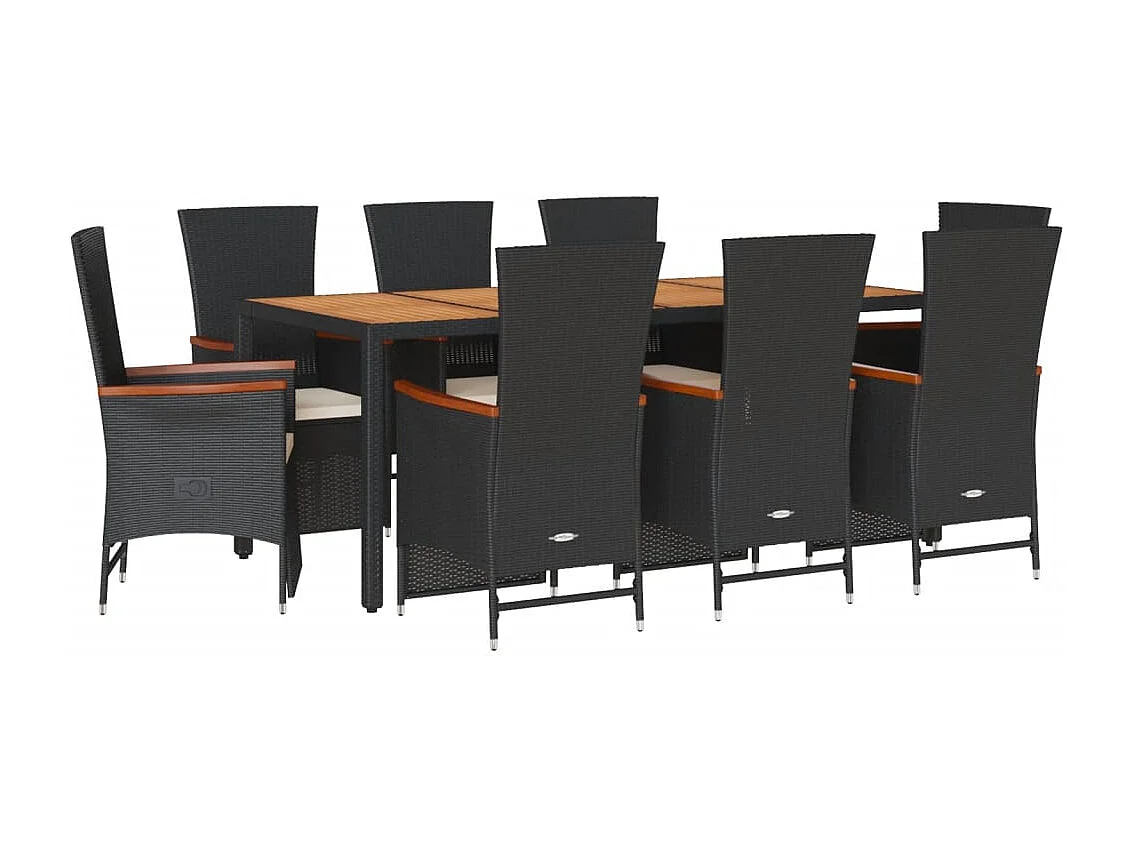 Set da Pranzo da Giardino 9 pz con Cuscini Nero in Polyrattan