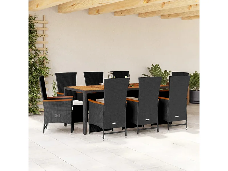 Set da Pranzo da Giardino 9 pz con Cuscini Nero in Polyrattan