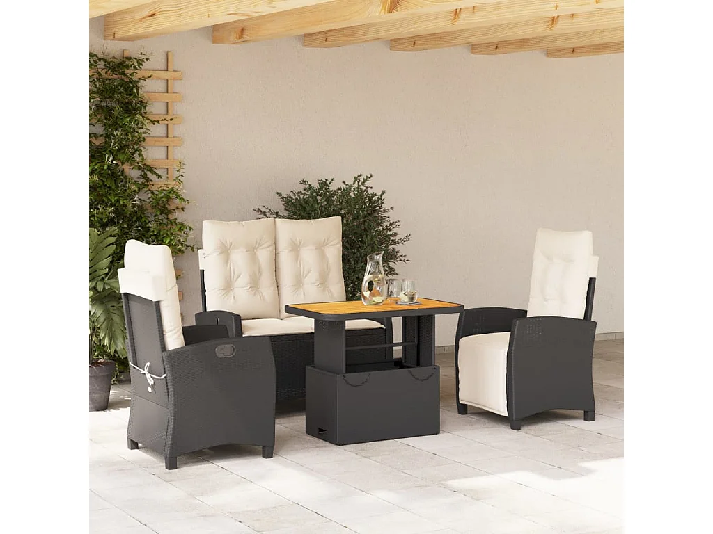 Set da Pranzo da Giardino 4 pz con Cuscini Nero in Polyrattan