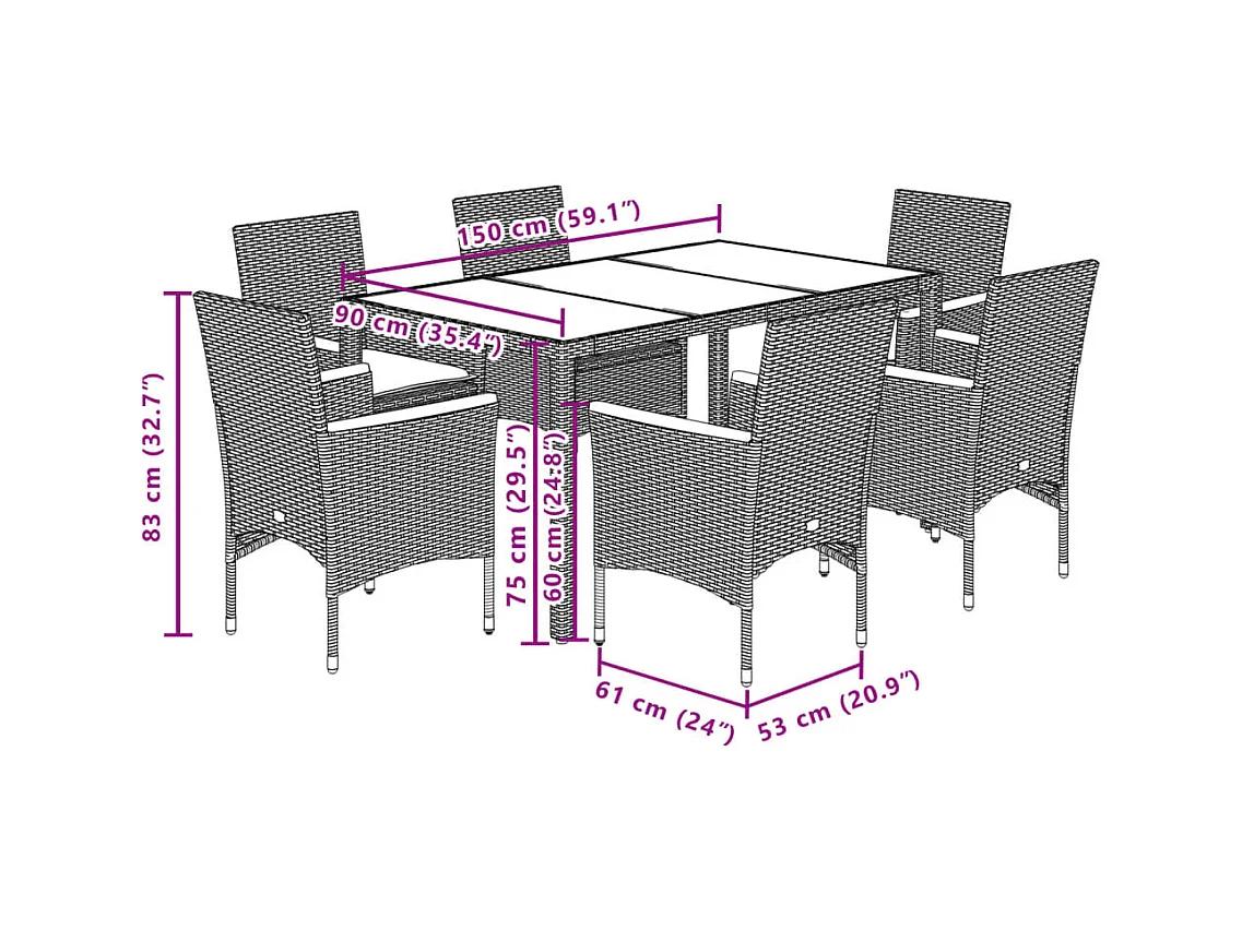 Set Pranzo da Giardino 7pz con Cuscini Beige Polyrattan Acacia