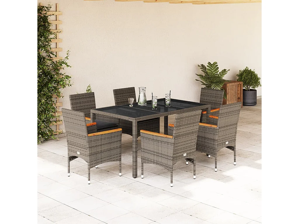 Set da Pranzo da Giardino 7 pz con Cuscini Polyrattan e Vetro