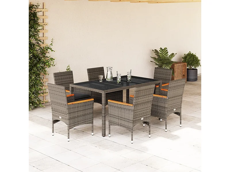 Set da Pranzo da Giardino 7 pz con Cuscini Polyrattan e Vetro