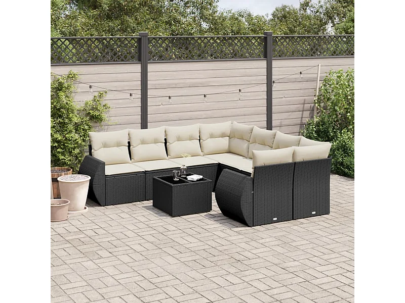 Set Divani da Giardino 9 pz con Cuscini Nero in Polyrattan