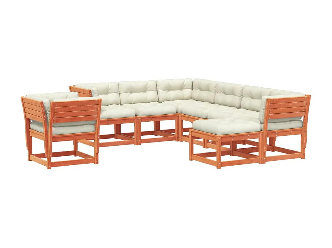 Salon de jardin 8 pcs avec coussins cire marron bois pin massif